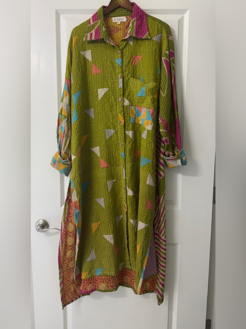 Kantha Bae Boho Olive Green button duster shacket slit